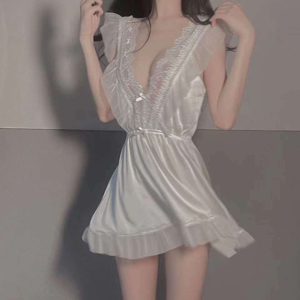Korean Style V Neck Nightdress  FancyCollect White One Size (50-70kg) (110-155lb) 