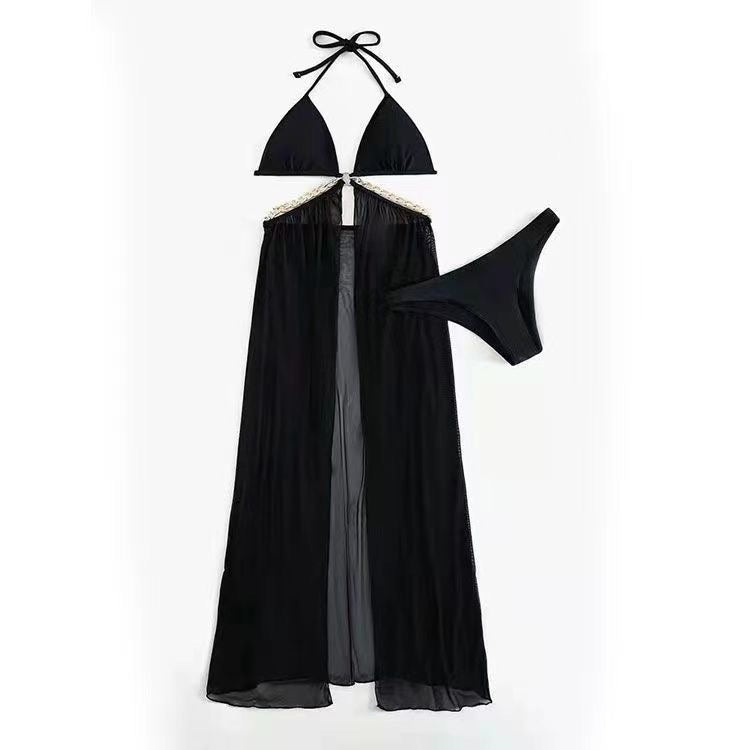 Metal Chain Three-piece Bikini  FancyCollect Black S(45-55kg)(100-120lb) 
