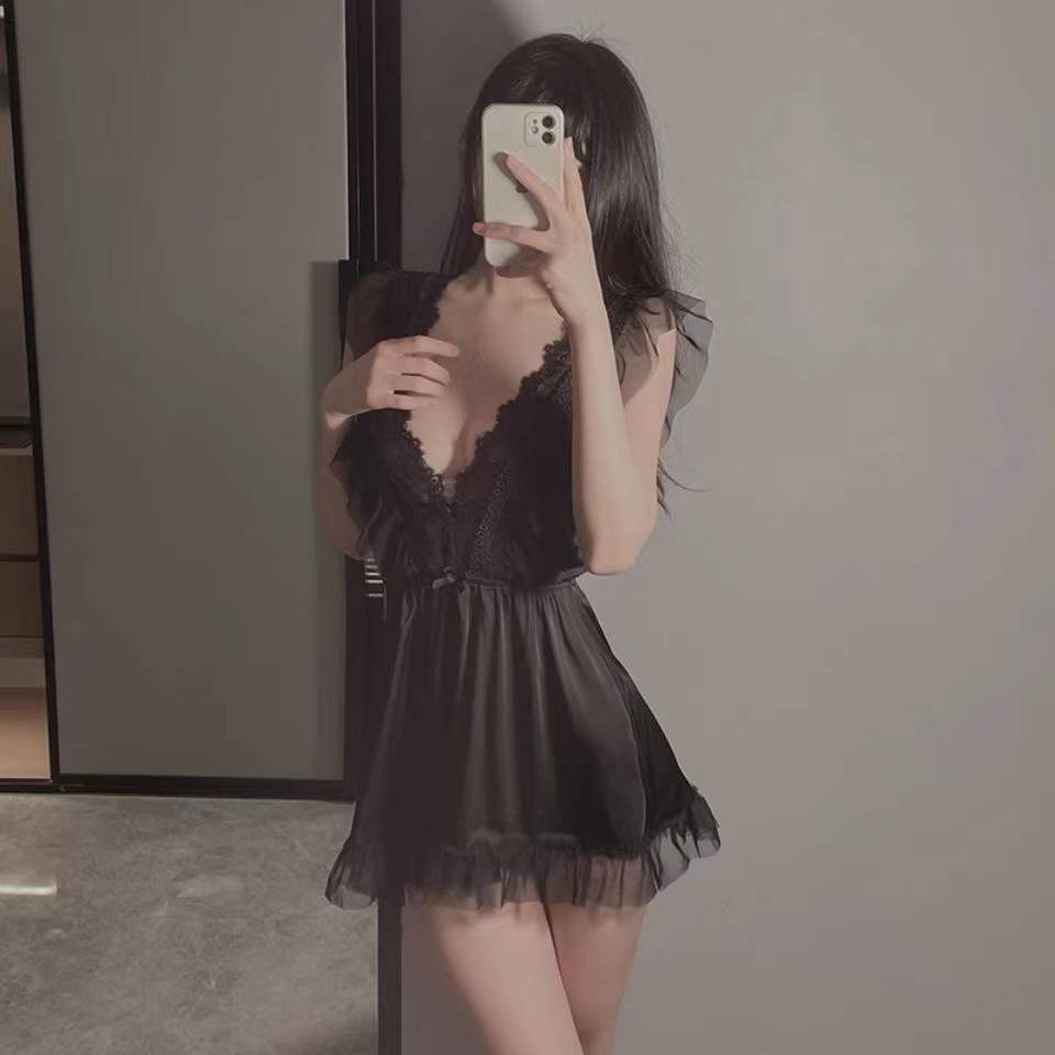 Korean Style V Neck Nightdress  FancyCollect Black One Size (50-70kg) (110-155lb) 