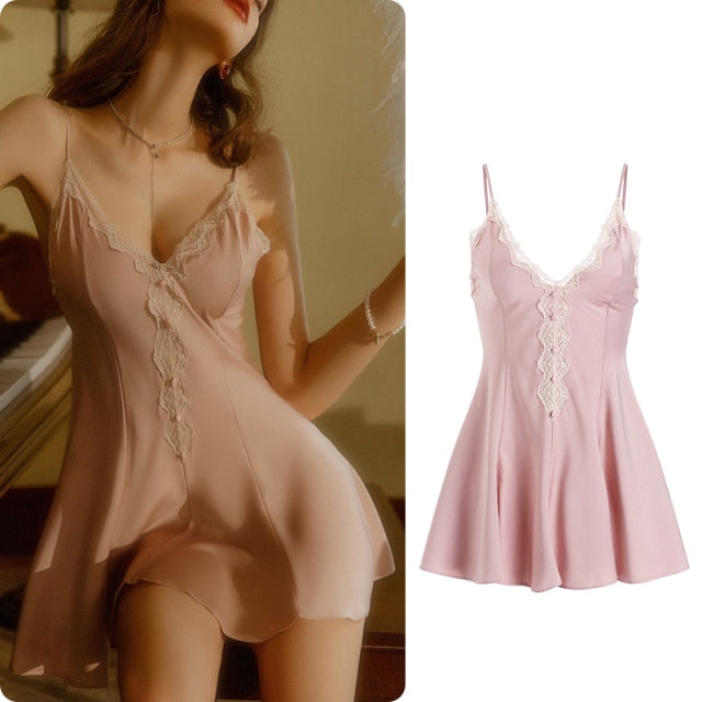 Sexy Lace V-Neck Sling Nightdress  FancyCollect Pink One Size (50-70kg) (110-155lb) 