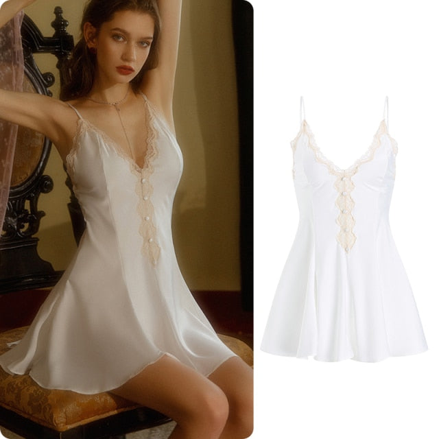 Sexy Lace V-Neck Sling Nightdress  FancyCollect White One Size (50-70kg) (110-155lb) 