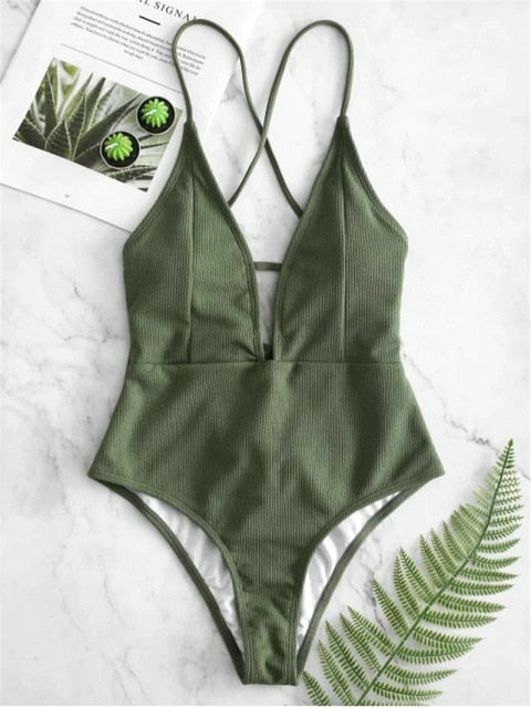 Rainbow Deep V Bathing Suit  FancyCollect Deep Green L 
