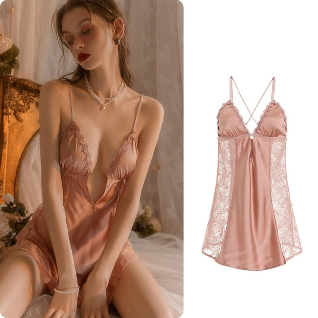 Front Buckle Lace Sling Nightdress  FancyCollect Pink One Size (50-70kg)(110-155lb) 